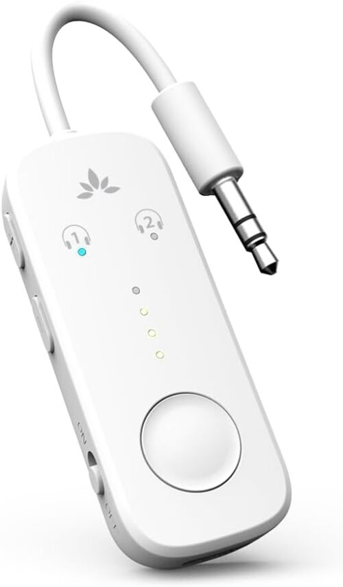 Avantree Relay - Airplane Bluetooth 5.3 Adapter with Qualcomm aptX Adaptive, Supports 2 AirPods or Headphones, 20H Playtime, 3.5mm AUX Jack Wireless Audio Transmitter for Planes, Airline, Travel