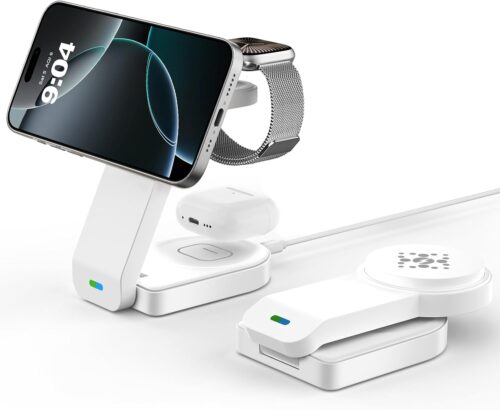 Magnetic foldable Wireless Charger for Apple,3 in 1 Wireless Charging Station for iPhone Air 17 16 15 14 13 12 etc,Apple Watch,AirPod Pro3 2,Air-pods 4/3/2(White)