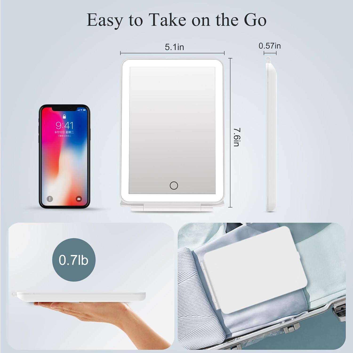 FUNTOUCH Rechargeable Travel Makeup Vanity Mirror with Lights, 2000mAh, Portable Lighted Makeup Beauty Mirror, Dimmable 3 Color Lighting, Tabletop Folding Cosmetic Mirror for Home, Office, Travel - Image 5