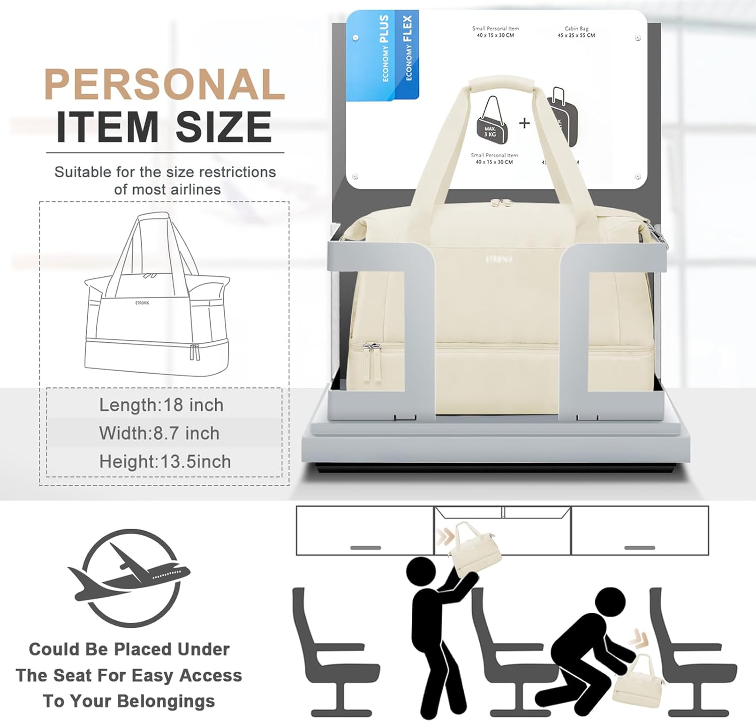 ETRONIK Gym Bag Womens, Travel Duffel Bag, Easyjet Cabin Bag 45x36x20 Underseat, Weekend Bag with Shoes Compartment, Hospital Bag with Wet Pocket & USB Charging Port, Overnight Sports Bag, Beige - Image 2