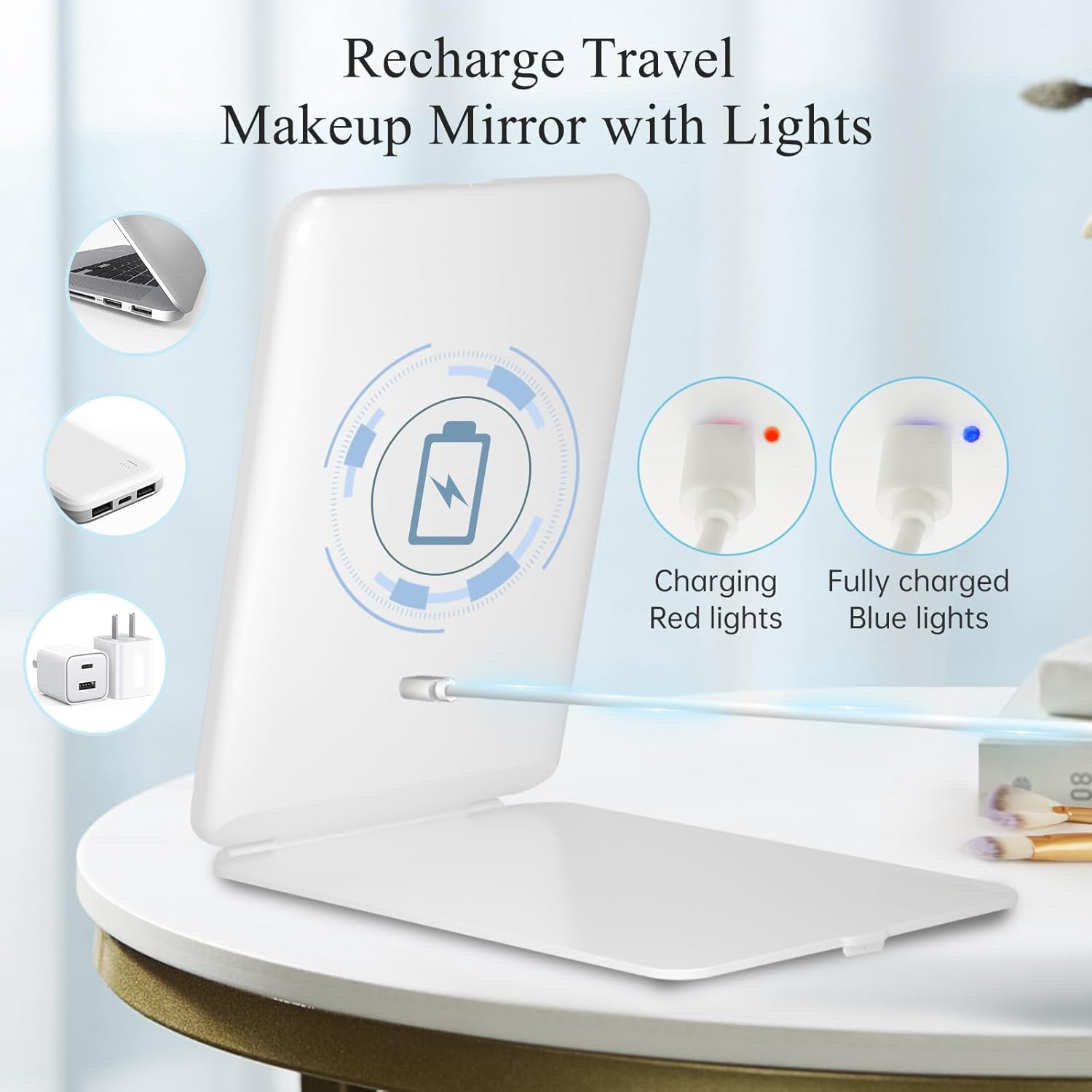 FUNTOUCH Rechargeable Travel Makeup Vanity Mirror with Lights, 2000mAh, Portable Lighted Makeup Beauty Mirror, Dimmable 3 Color Lighting, Tabletop Folding Cosmetic Mirror for Home, Office, Travel - Image 2