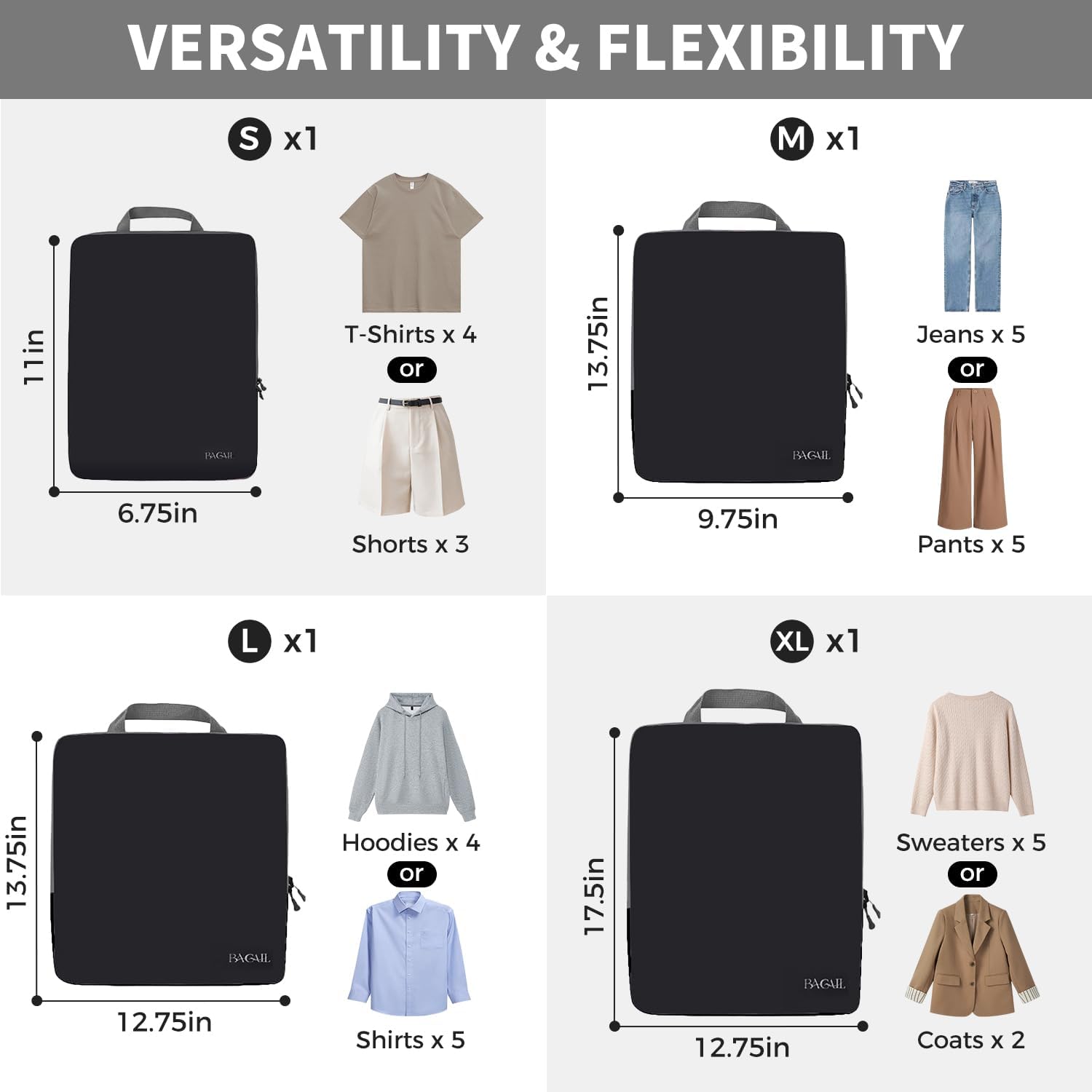 BAGAIL 4 Set/5 Set/6 Set Compression Packing Cubes Travel Accessories Expandable Packing Organizers, Black, 4set - Image 2