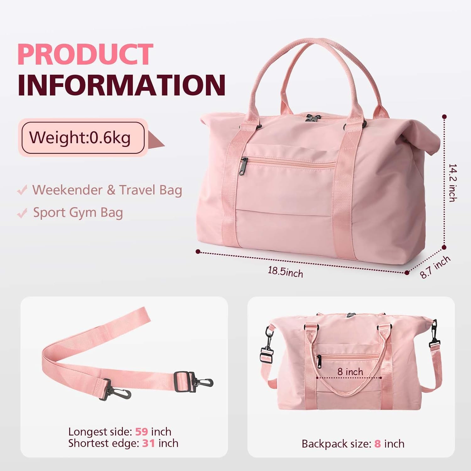 Travel Duffel Bag, Waterproof Weekender Bag Carry-on Tote Bags for Women, Duffel Bag Sport Gym Bag for Men, Hospital Bag for Work and Delivery, Overnight Bag Luggage Bag with Trolley Sleeve, 01 Coral - Image 5