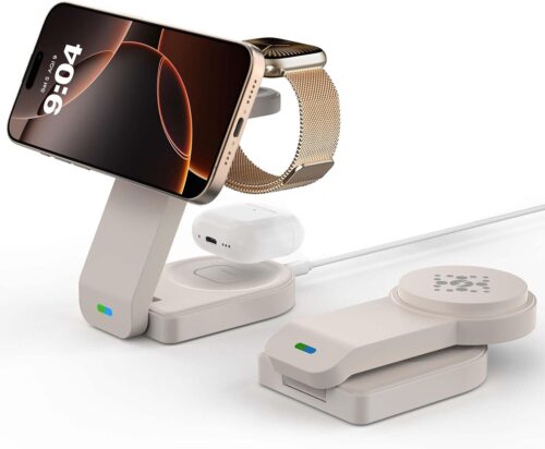 Magnetic foldable Wireless Charger for Apple,3 in 1 Wireless Charging Station for iPhone Air 17 16 15 14 13 12 etc,Apple Watch,AirPod Pro3 2,Air-pods 4/3/2(Beige)