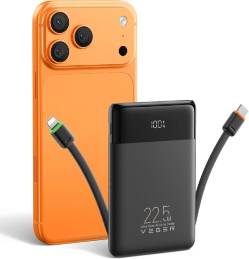 VEGER Power Bank with Built-in Cables 10000mAh,Slim Portable Charger USB C Battery Pack Phone Charger,Travel Essentials Fast Charging Compatible with iPhone,iPad,Android Phone,Heated Vest and More