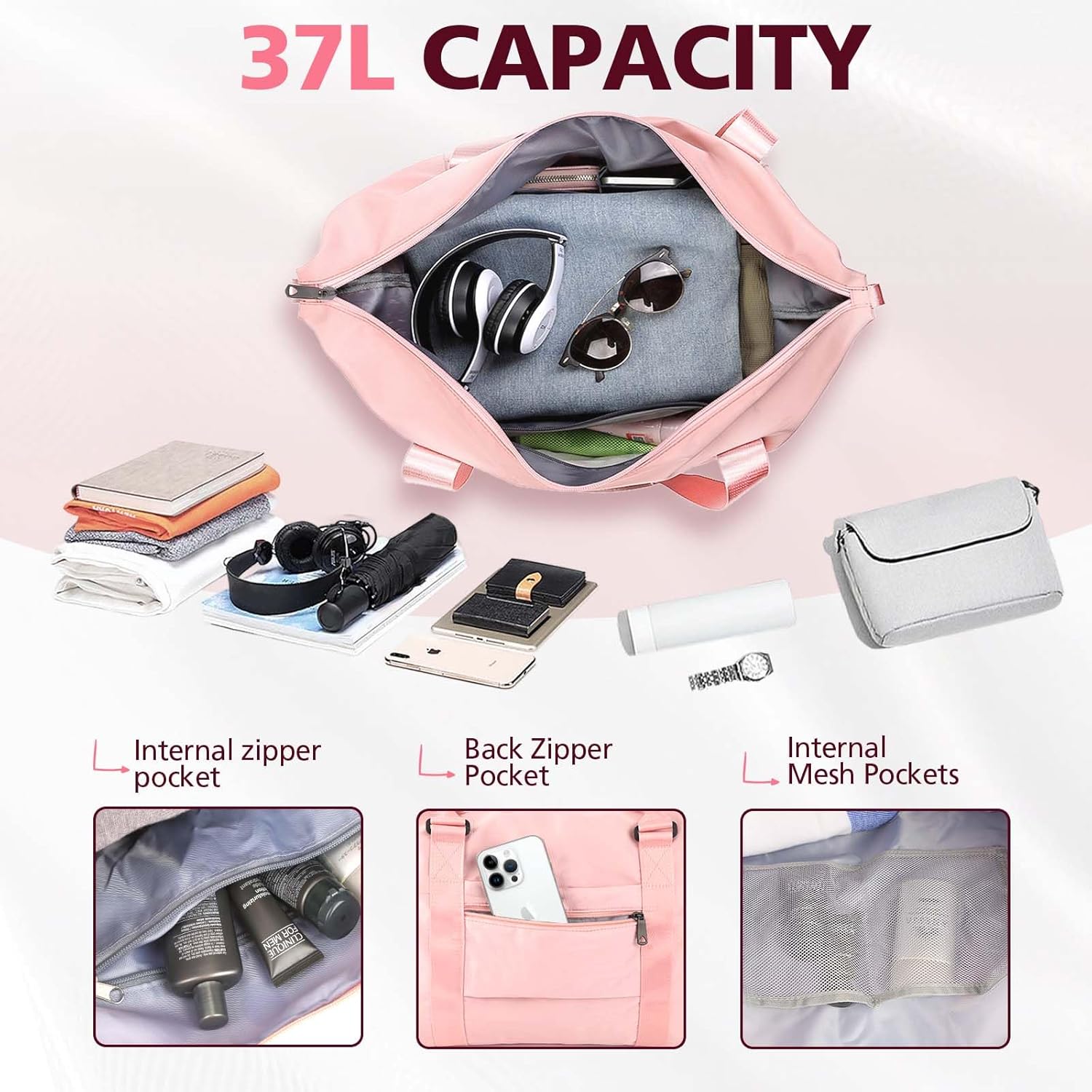 Travel Duffel Bag, Waterproof Weekender Bag Carry-on Tote Bags for Women, Duffel Bag Sport Gym Bag for Men, Hospital Bag for Work and Delivery, Overnight Bag Luggage Bag with Trolley Sleeve, 01 Coral - Image 3