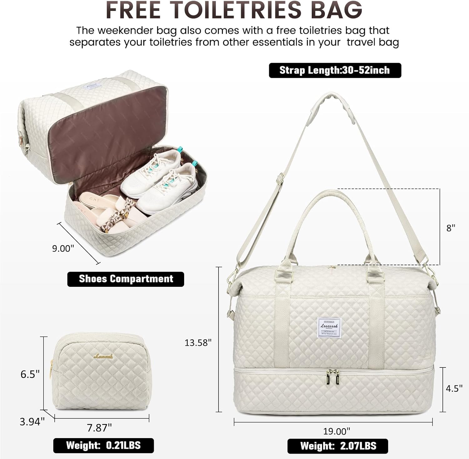 LOVEVOOK Travel Duffle Bag, Weekender Bags for Women with Shoe Compartment, Carry on Overnight Bag with Toiletry Bag, Gym Duffel Bag with Wet Pocket, Hospital Bags for Labor and Delivery, Beige - Image 2