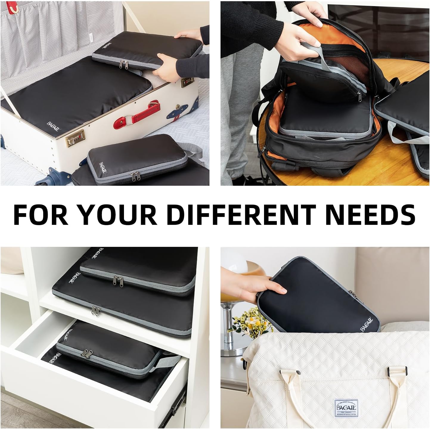 BAGAIL 4 Set/5 Set/6 Set Compression Packing Cubes Travel Accessories Expandable Packing Organizers, Black, 4set - Image 7