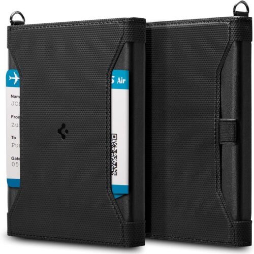 Spigen Passport Holder Travel Wallet, Passport Cover with RFID Signal Blocking Compatible with Most Passport Sizes - Black