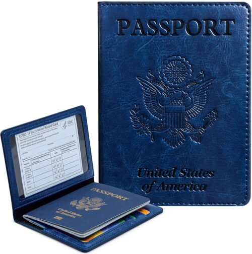 Passport Holder Cover Wallet Case RFID Blocking Leather Card Slot Travel Accessories Documents Organizer Protector for Women Men, Navy Blue, 0.3 x 4.1 x 5.5 inches, Traveling