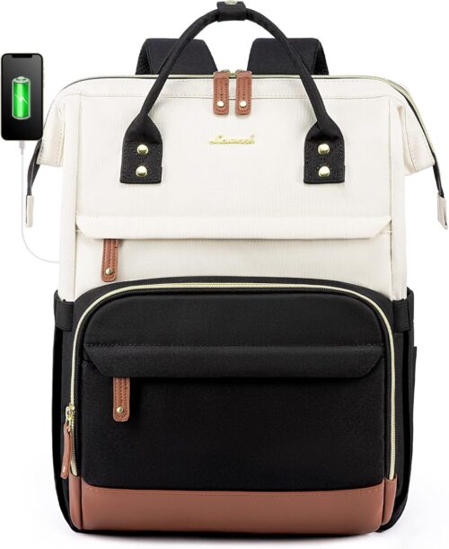 LOVEVOOK Laptop Backpack Womens,15.6inch Rucksack Bags for Women School College Work University Travel, Large Waterproof Ladies Backpacks, Back Pack for Woman, Teacher Bag, Beige Black