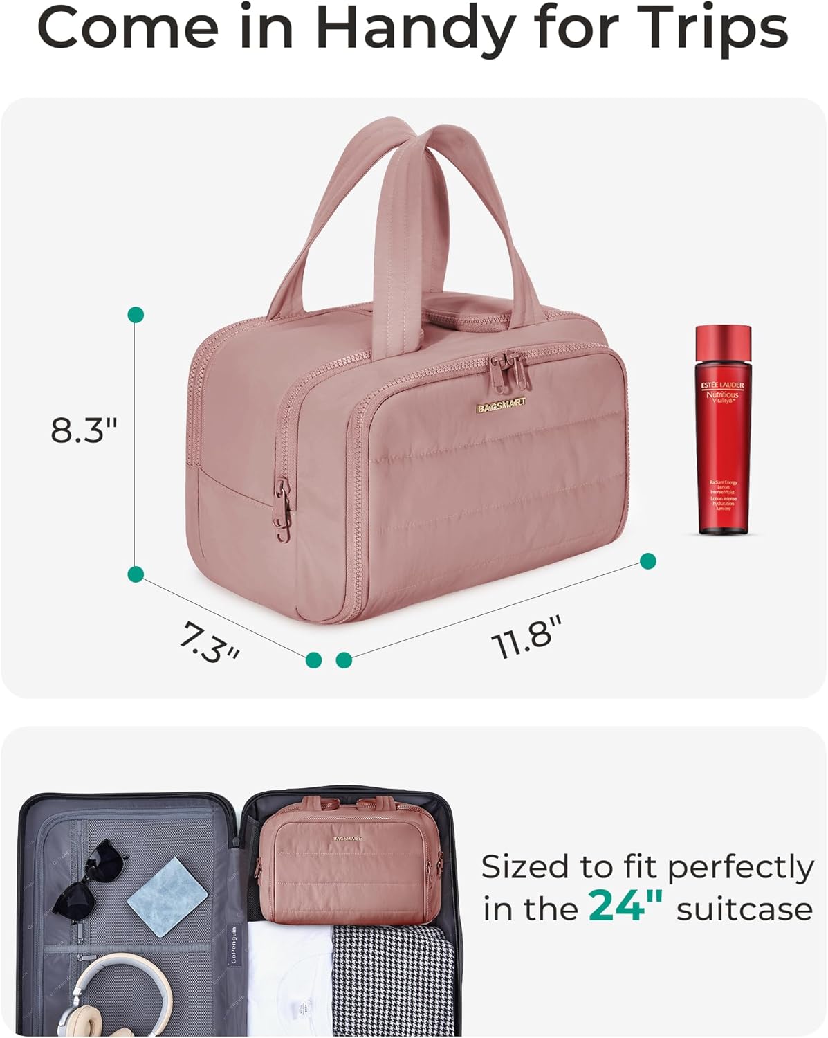 BAGSMART Travel Toiletry Bag Makeup Cosmetic Bag for Women, Dark Pink - Image 5