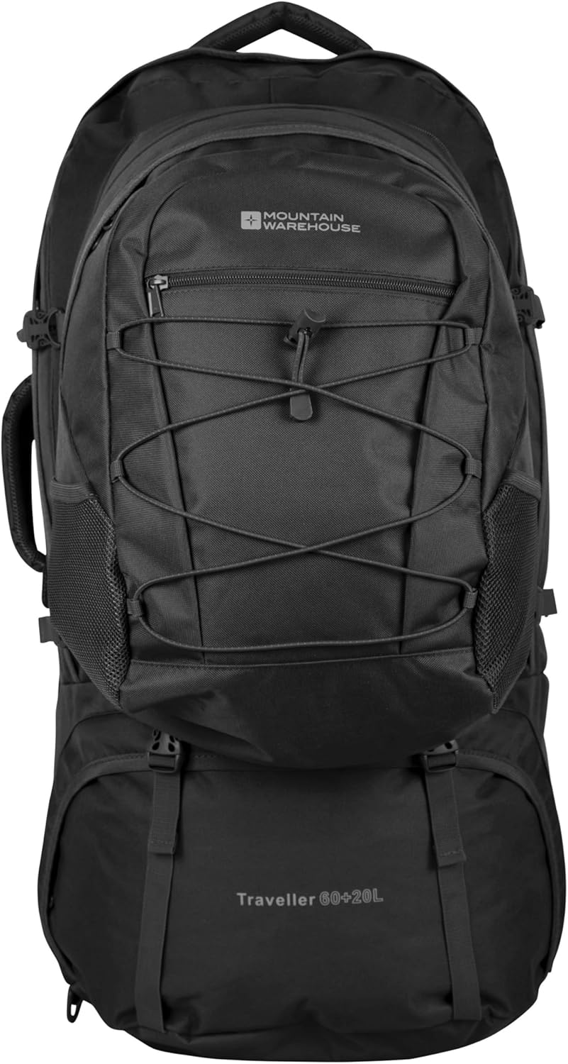 Mountain Warehouse Traveller 60L + 20L Rucksack - Large Backpack with Rain Cover, Detachable Daypack, Adjustable Back Support Travel Bag - For Camping, Hiking, Trekking Black One Size