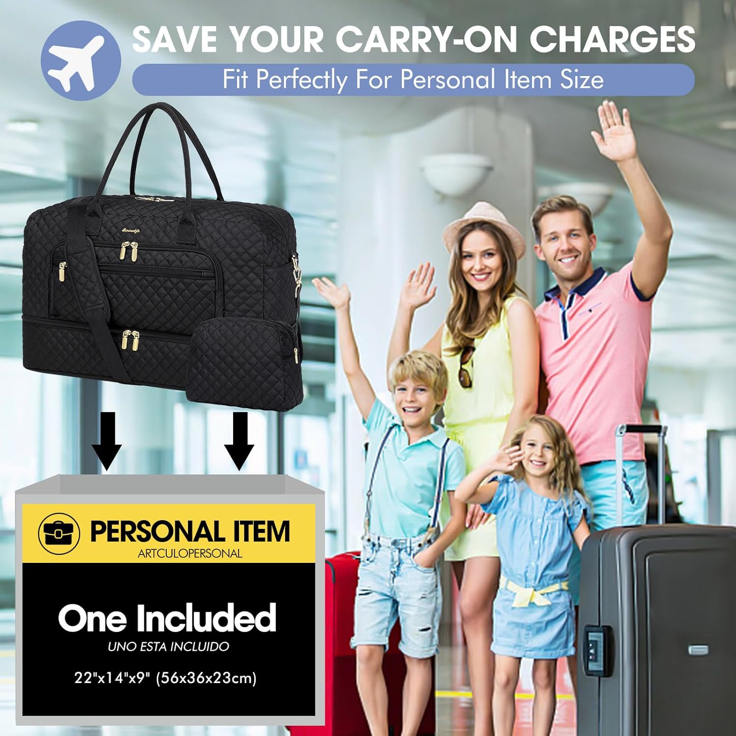 Large Women Travel Duffle Bag - Carry on Overnight Bags Weekend Travel Duffel Tote Bag with Wet Pocket Toiletry Weekender, Black 01, Travel Bag-2Pcs, Travel Duffle Bag - Image 7