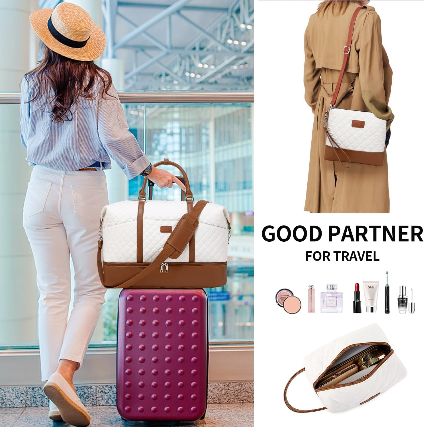 Weekender Travel Duffel With Toiletry Bag, Large Overnight Shoulder Tote With Shoe Compartment and Wet Pocket for Women, Girls, Airplane Traveling, Gym - Image 7