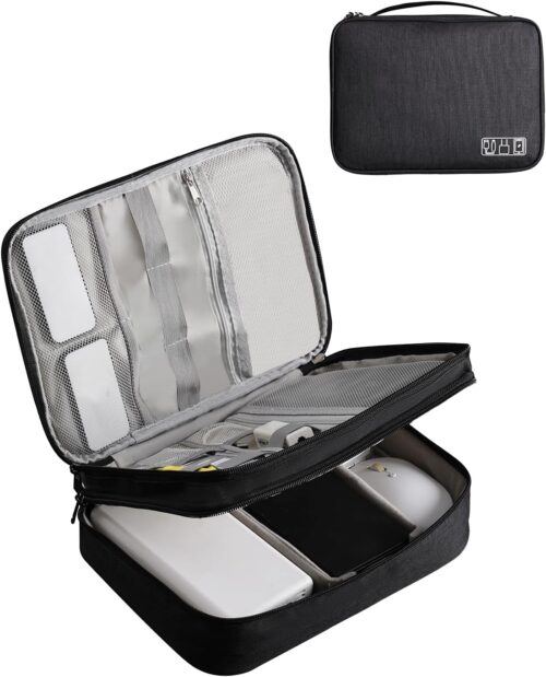 OrgaWise Accessories Bag Travel Electronics Organiser 3 Layer Cables Case for Power Bank, Camera, Ipad and Memory Card - Grey Electronic Case with 2 pcs Data Line Protect Sets