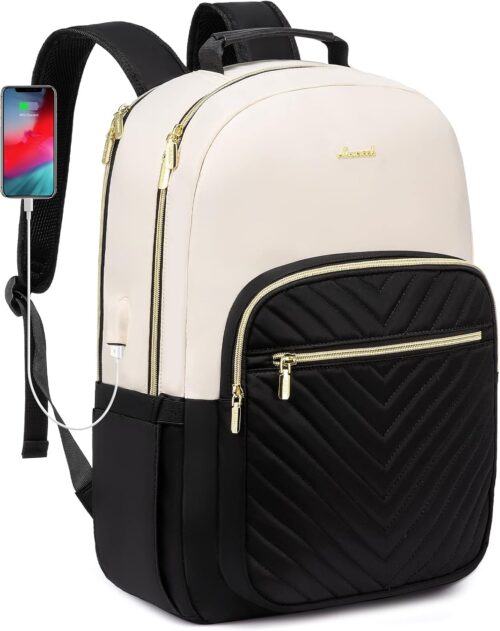 LOVEVOOK Laptop Backpack Womens, Large 17 Inch Rucksack Bag for Women,School College Travel University Back Pack, Waterproof Work Bags with USB Charging Port, Ladies Backpacks, Black Beige