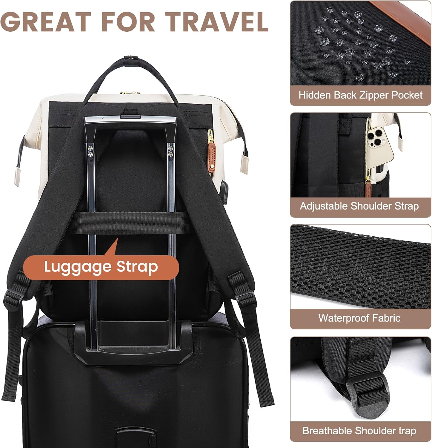 LOVEVOOK Laptop Backpack Womens,15.6inch Rucksack Bags for Women School College Work University Travel, Large Waterproof Ladies Backpacks, Back Pack for Woman, Teacher Bag, Beige Black - Image 4