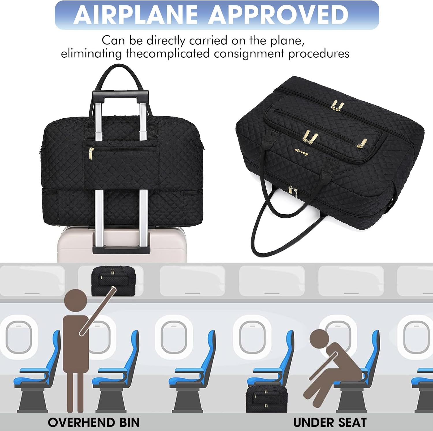 Large Women Travel Duffle Bag - Carry on Overnight Bags Weekend Travel Duffel Tote Bag with Wet Pocket Toiletry Weekender, Black 01, Travel Bag-2Pcs, Travel Duffle Bag - Image 5