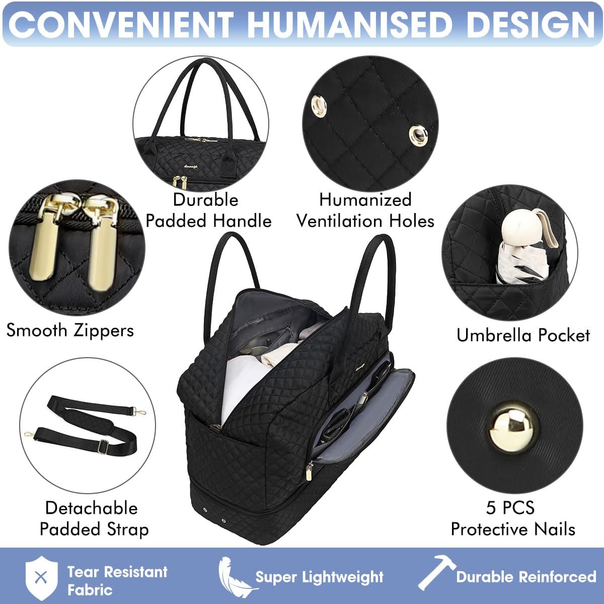 Large Women Travel Duffle Bag - Carry on Overnight Bags Weekend Travel Duffel Tote Bag with Wet Pocket Toiletry Weekender, Black 01, Travel Bag-2Pcs, Travel Duffle Bag - Image 3