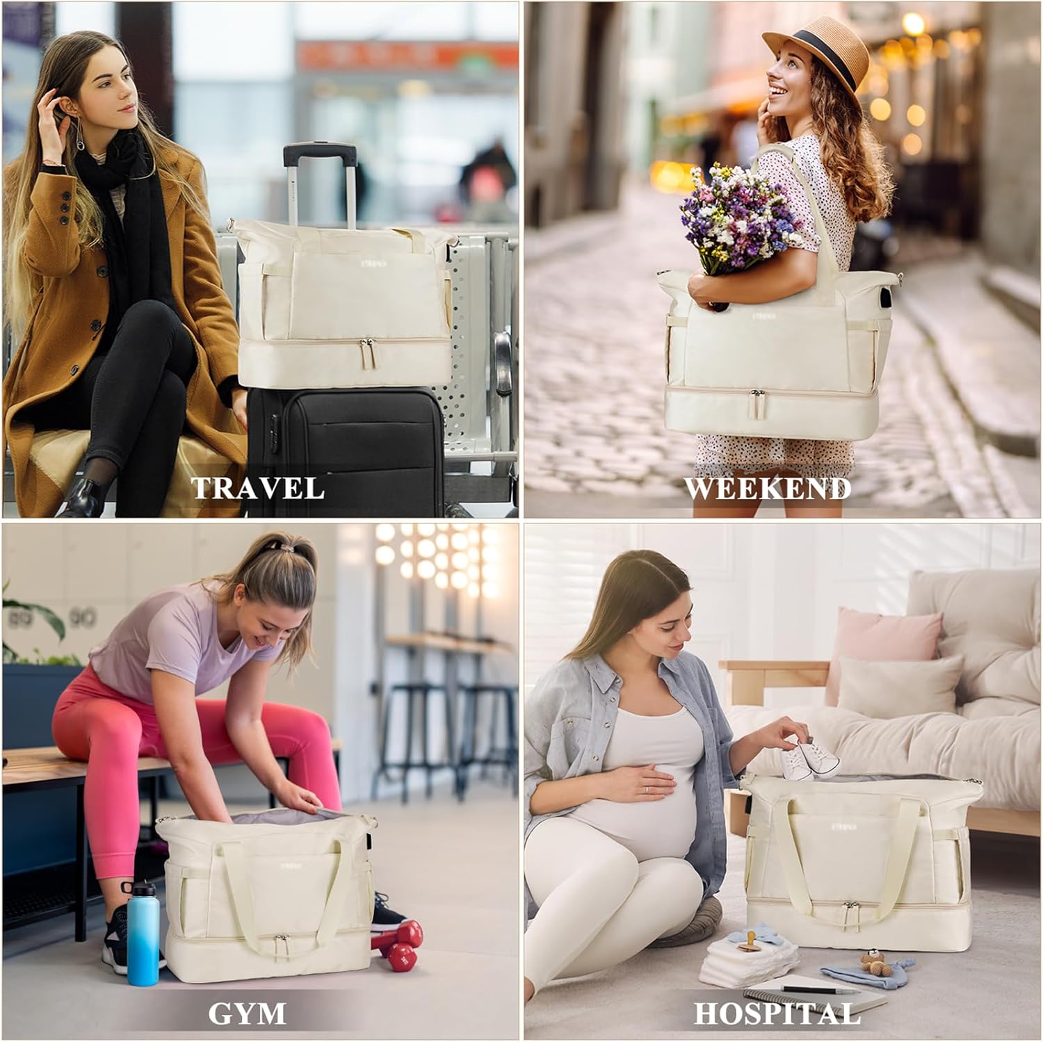 ETRONIK Gym Bag Womens, Travel Duffel Bag, Easyjet Cabin Bag 45x36x20 Underseat, Weekend Bag with Shoes Compartment, Hospital Bag with Wet Pocket & USB Charging Port, Overnight Sports Bag, Beige - Image 6