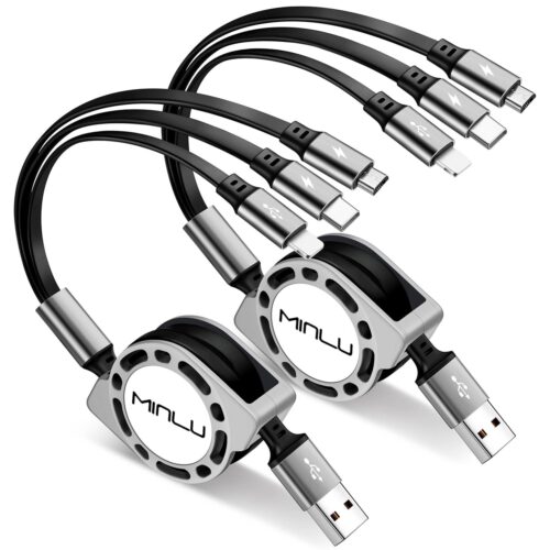 Minlu 4ft/1.2M 3 in 1 Retractable Multi Charger Cable [2Pack] 3.0A Fast Charge Cable for iPhone, Samsung, Huawei, LG, Tablets, Kindle, PS