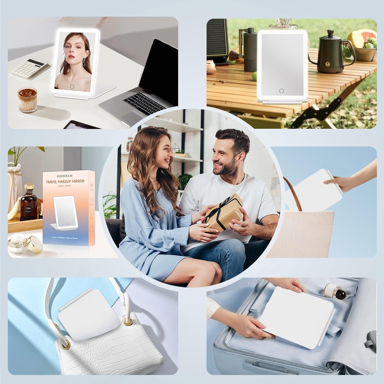 FUNTOUCH Rechargeable Travel Makeup Vanity Mirror with Lights, 2000mAh, Portable Lighted Makeup Beauty Mirror, Dimmable 3 Color Lighting, Tabletop Folding Cosmetic Mirror for Home, Office, Travel - Image 6