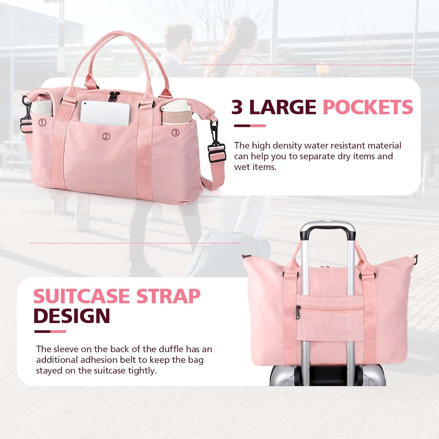 Travel Duffel Bag, Waterproof Weekender Bag Carry-on Tote Bags for Women, Duffel Bag Sport Gym Bag for Men, Hospital Bag for Work and Delivery, Overnight Bag Luggage Bag with Trolley Sleeve, 01 Coral - Image 4
