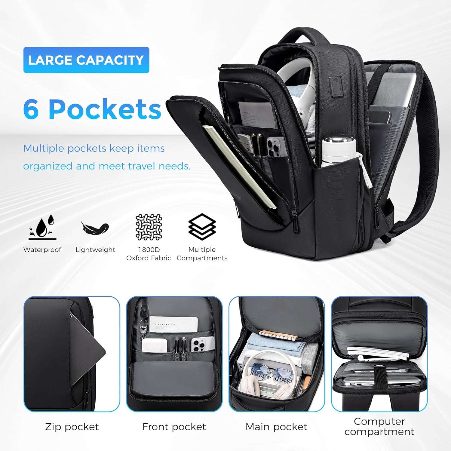 FENRUIEN Expandable Laptop Backpack 19L-27L 1800D Hand Luggage Travel Business Men's Laptop Bag 15.6 Inch for Men and Women Teenagers with Laptop Compartment USB Charging Port Backpack - Image 4