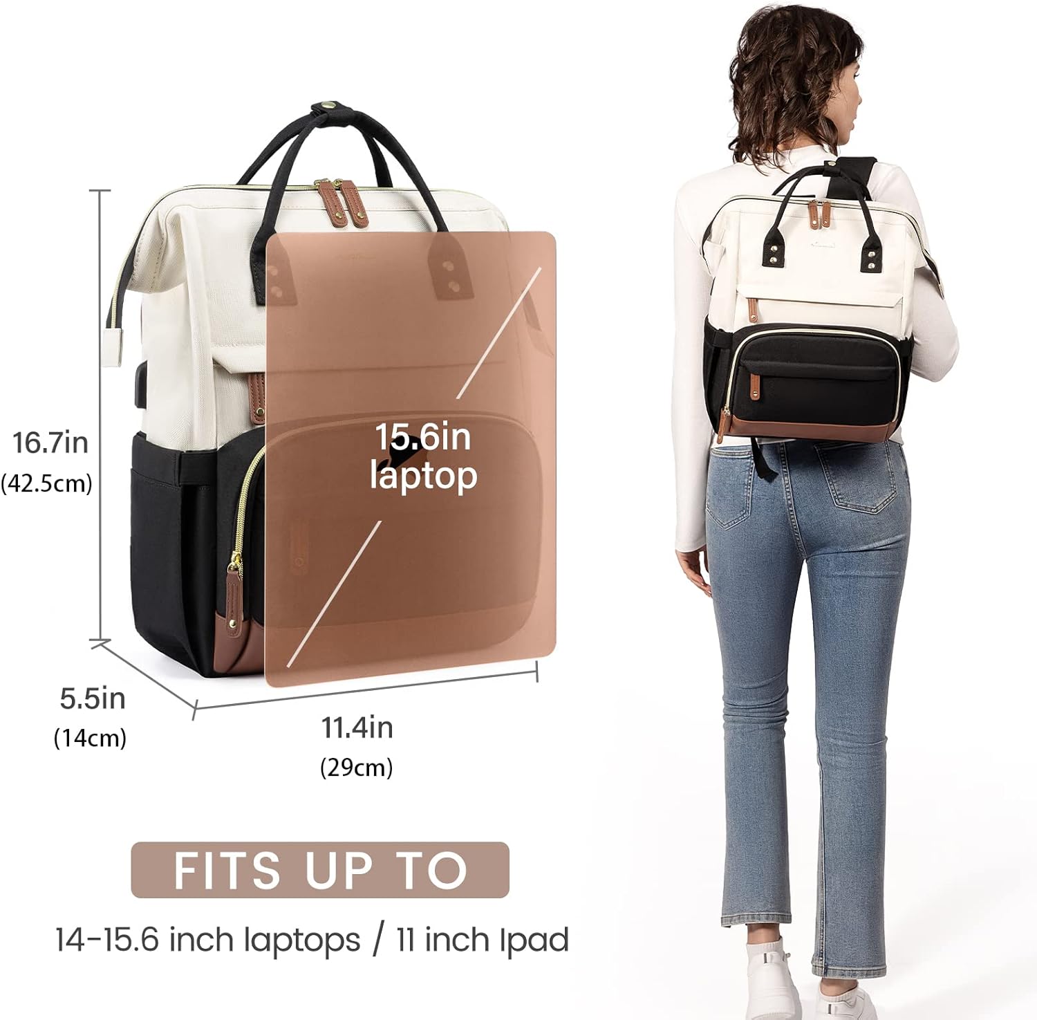 LOVEVOOK Laptop Backpack Womens,15.6inch Rucksack Bags for Women School College Work University Travel, Large Waterproof Ladies Backpacks, Back Pack for Woman, Teacher Bag, Beige Black - Image 3