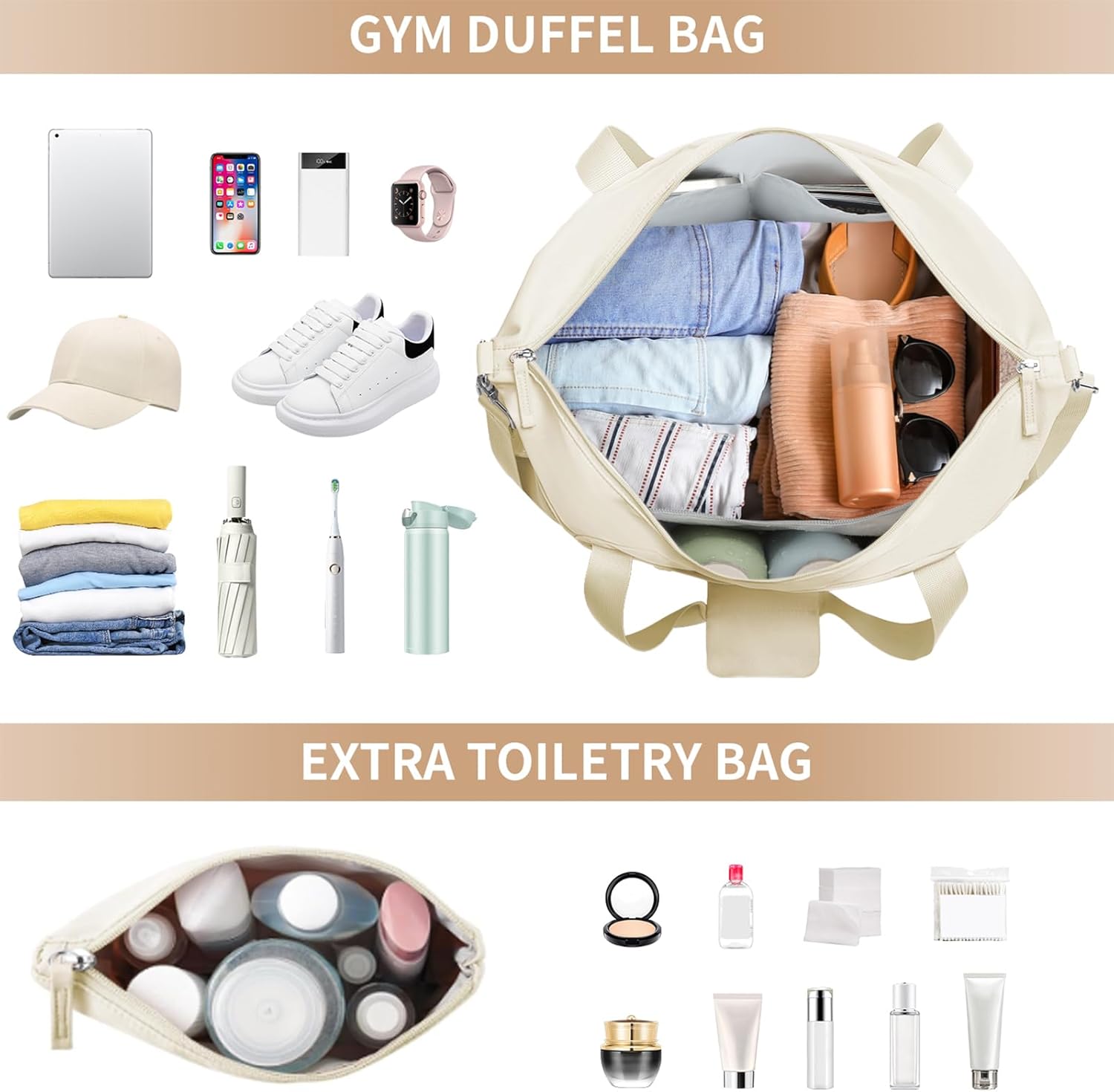 ETRONIK Gym Bag Womens, Travel Duffel Bag, Easyjet Cabin Bag 45x36x20 Underseat, Weekend Bag with Shoes Compartment, Hospital Bag with Wet Pocket & USB Charging Port, Overnight Sports Bag, Beige - Image 3