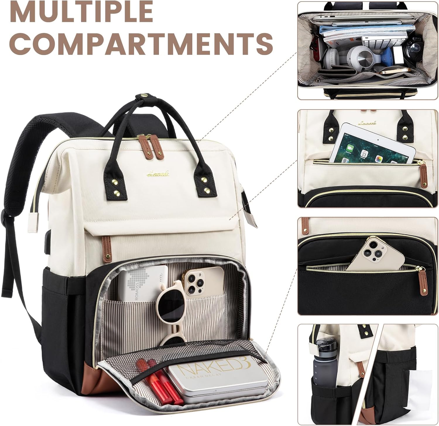 LOVEVOOK Laptop Backpack Womens,15.6inch Rucksack Bags for Women School College Work University Travel, Large Waterproof Ladies Backpacks, Back Pack for Woman, Teacher Bag, Beige Black - Image 2