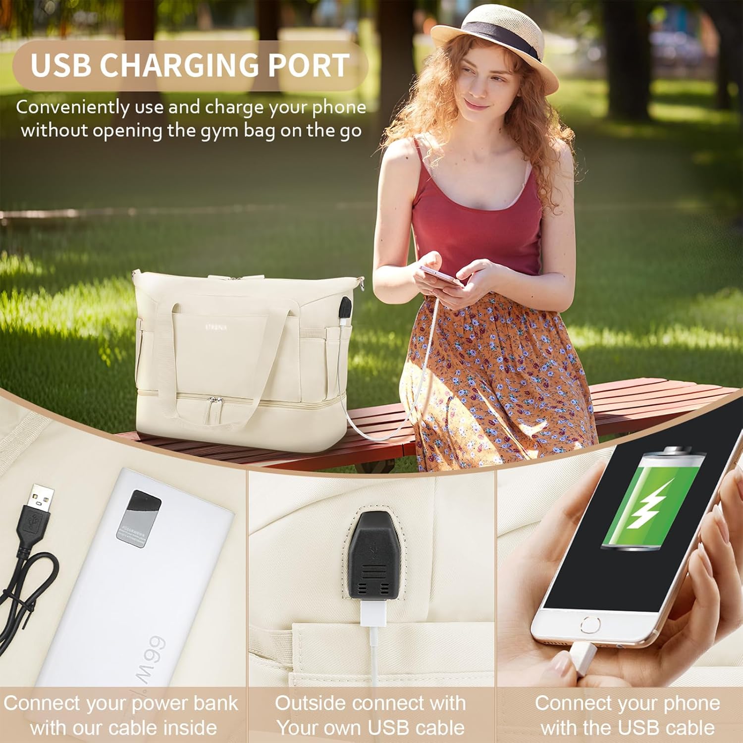 ETRONIK Gym Bag Womens, Travel Duffel Bag, Easyjet Cabin Bag 45x36x20 Underseat, Weekend Bag with Shoes Compartment, Hospital Bag with Wet Pocket & USB Charging Port, Overnight Sports Bag, Beige - Image 5