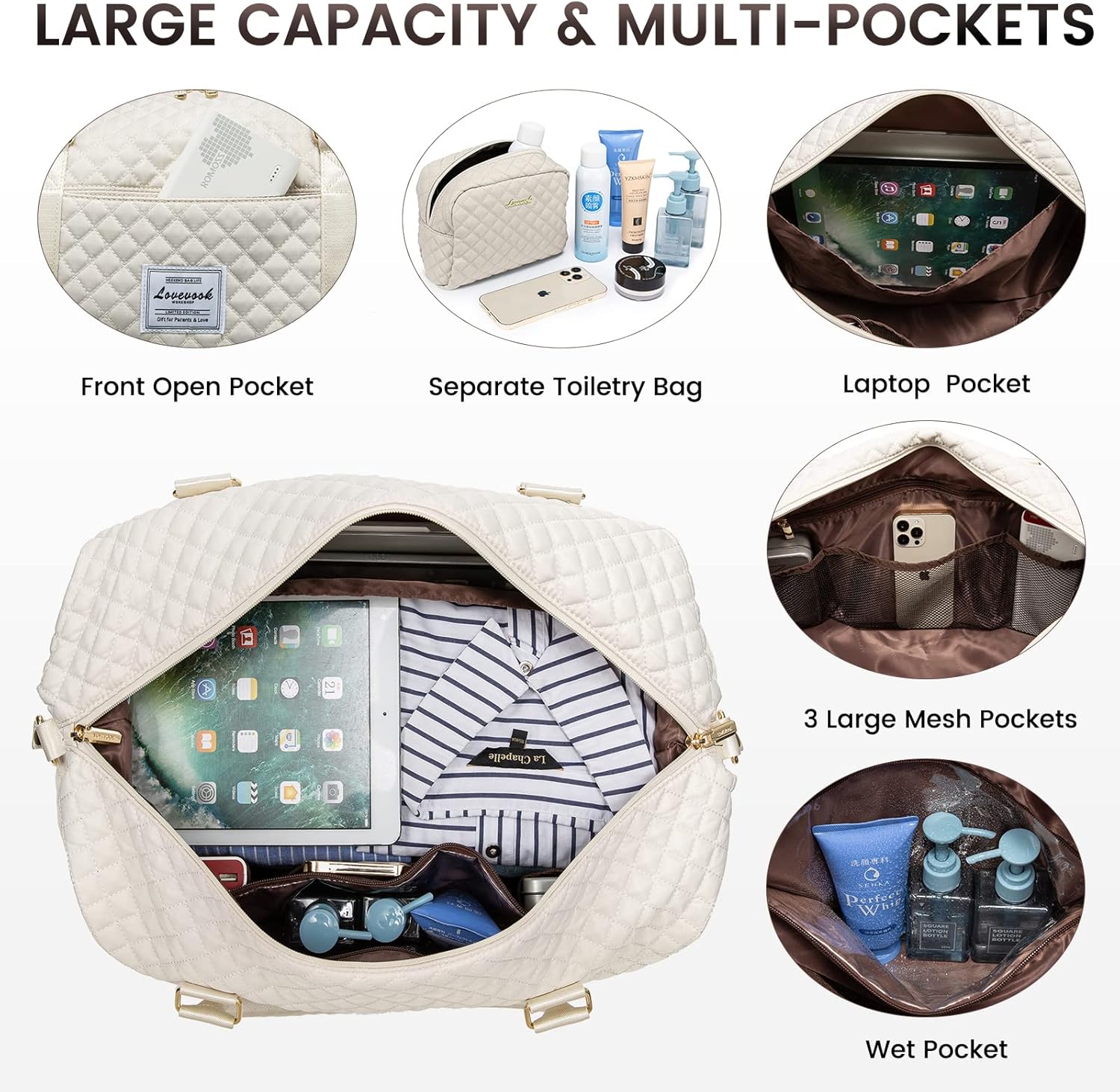 LOVEVOOK Travel Duffle Bag, Weekender Bags for Women with Shoe Compartment, Carry on Overnight Bag with Toiletry Bag, Gym Duffel Bag with Wet Pocket, Hospital Bags for Labor and Delivery, Beige - Image 3