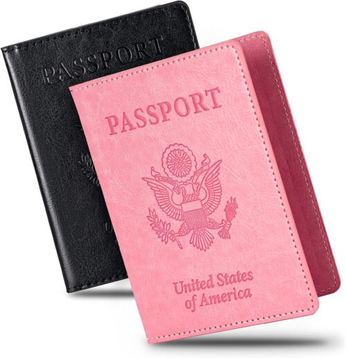 2 Pcs Passport holders,Ultra Slim passport wallet,PU Leather Passport Cover for Women and Men…, black & baby pink, carry-on, Light