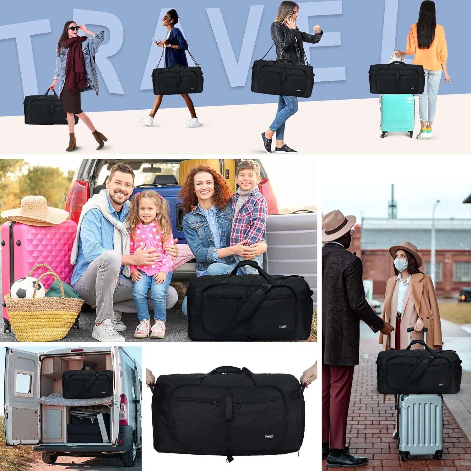 Fmeida 65L Foldable Travel Duffle Bag, Lightweight Waterproof Weekend Luggage with Shoes Compartment, Large Overnight Holdall Tote, Black - Image 7