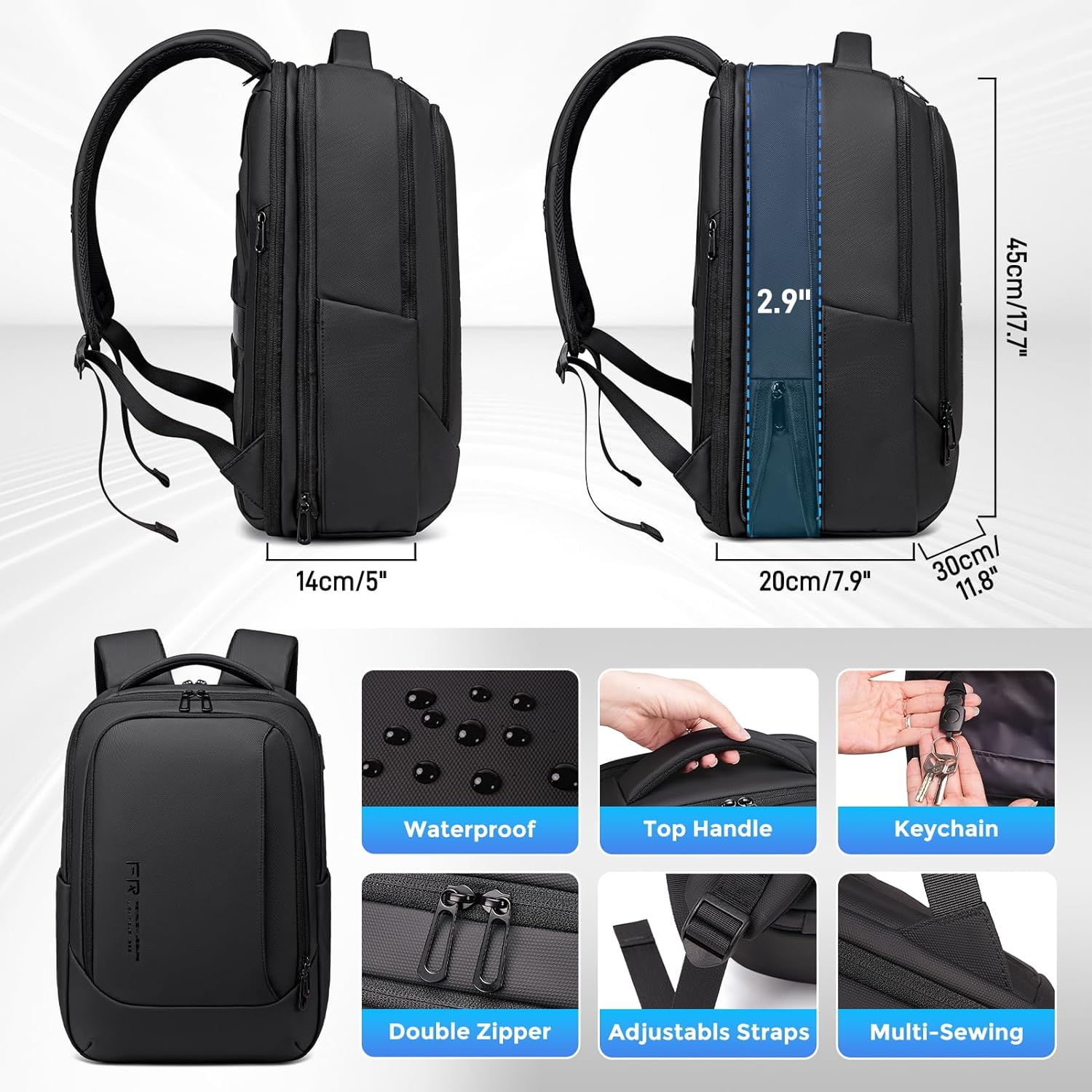 FENRUIEN Expandable Laptop Backpack 19L-27L 1800D Hand Luggage Travel Business Men's Laptop Bag 15.6 Inch for Men and Women Teenagers with Laptop Compartment USB Charging Port Backpack - Image 3