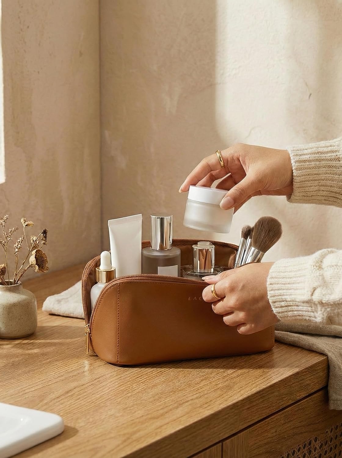 EACHY Large Capacity Travel Cosmetic Bags for Women, Waterproof Makeup Bag for Easy Access, Multifunctional Storage Toiletry Bag with Handle and Divider, Brown, Rustic - Image 10