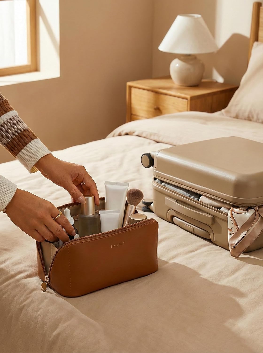 EACHY Large Capacity Travel Cosmetic Bags for Women, Waterproof Makeup Bag for Easy Access, Multifunctional Storage Toiletry Bag with Handle and Divider, Brown, Rustic - Image 7