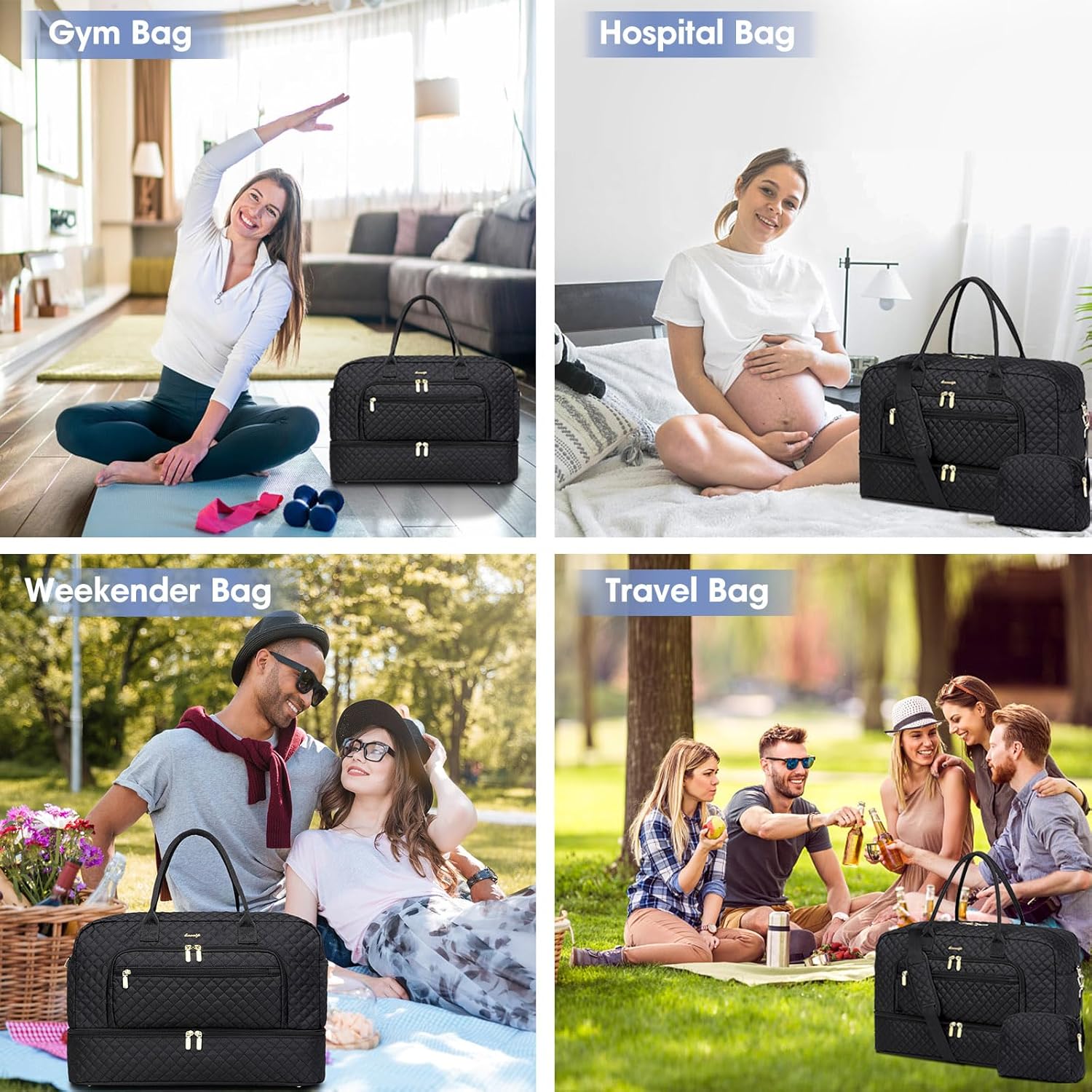 Large Women Travel Duffle Bag - Carry on Overnight Bags Weekend Travel Duffel Tote Bag with Wet Pocket Toiletry Weekender, Black 01, Travel Bag-2Pcs, Travel Duffle Bag - Image 6