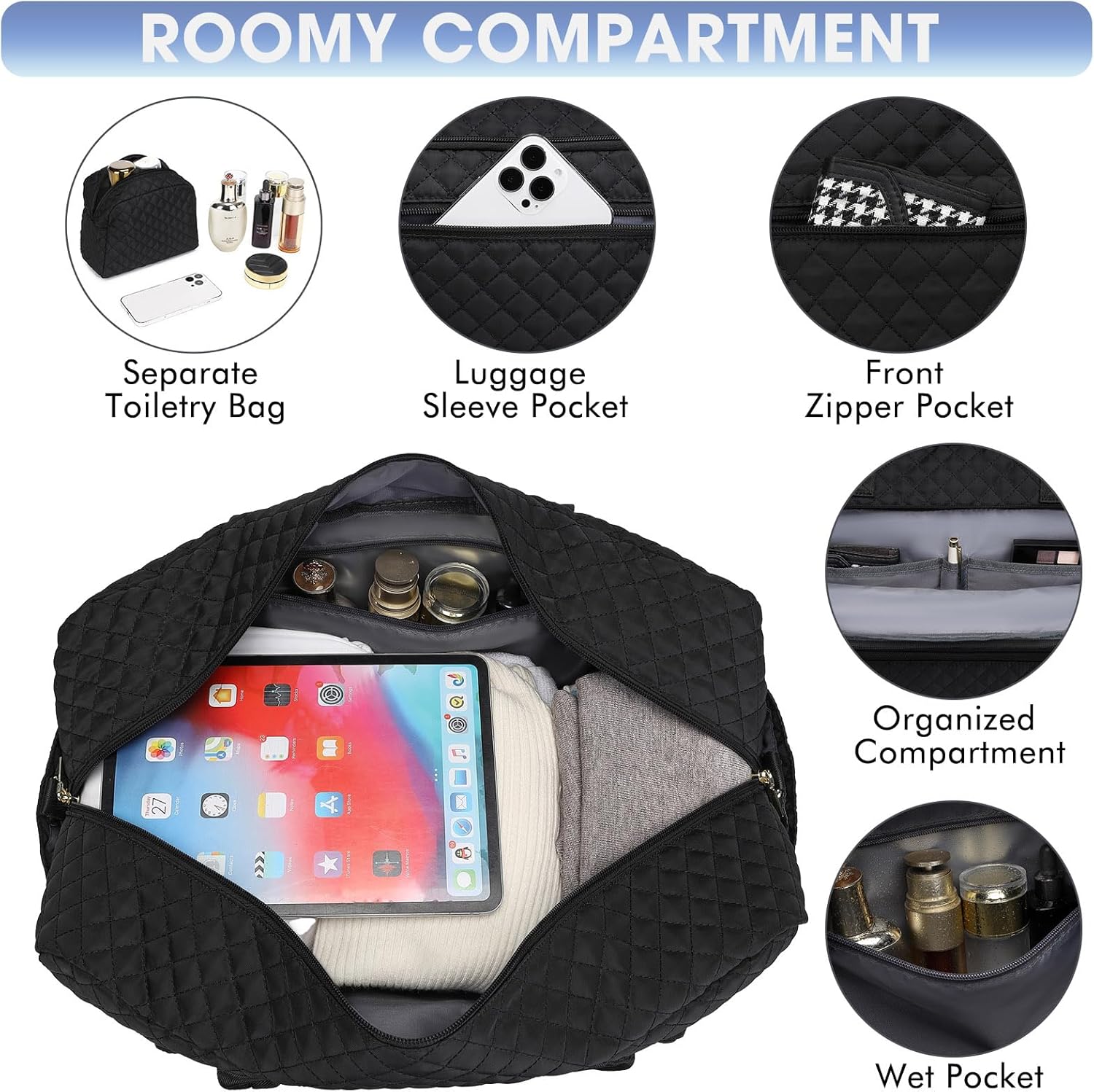 Large Women Travel Duffle Bag - Carry on Overnight Bags Weekend Travel Duffel Tote Bag with Wet Pocket Toiletry Weekender, Black 01, Travel Bag-2Pcs, Travel Duffle Bag - Image 4