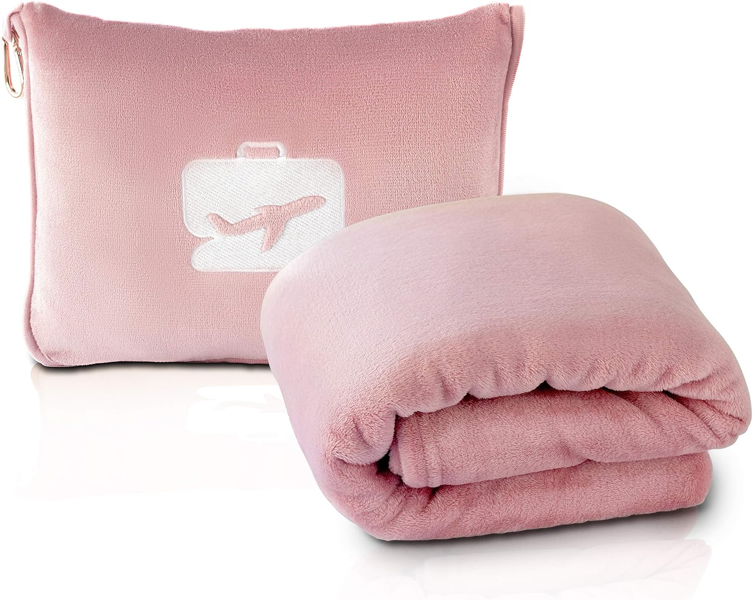 EverSnug Travel Blanket and Pillow - Premium Soft 2 in 1 Airplane Blanket with Soft Bag Pillowcase, Hand Luggage Belt and Backpack Clip (Light Pink)