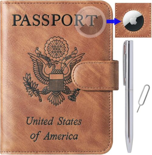 Passport Holder Cover Wallet Travel Essentials Leather RFID Blocking Case Vacation Luggage Must Haves Travel Accessories for Men Women, 117#Brown, for Airtag