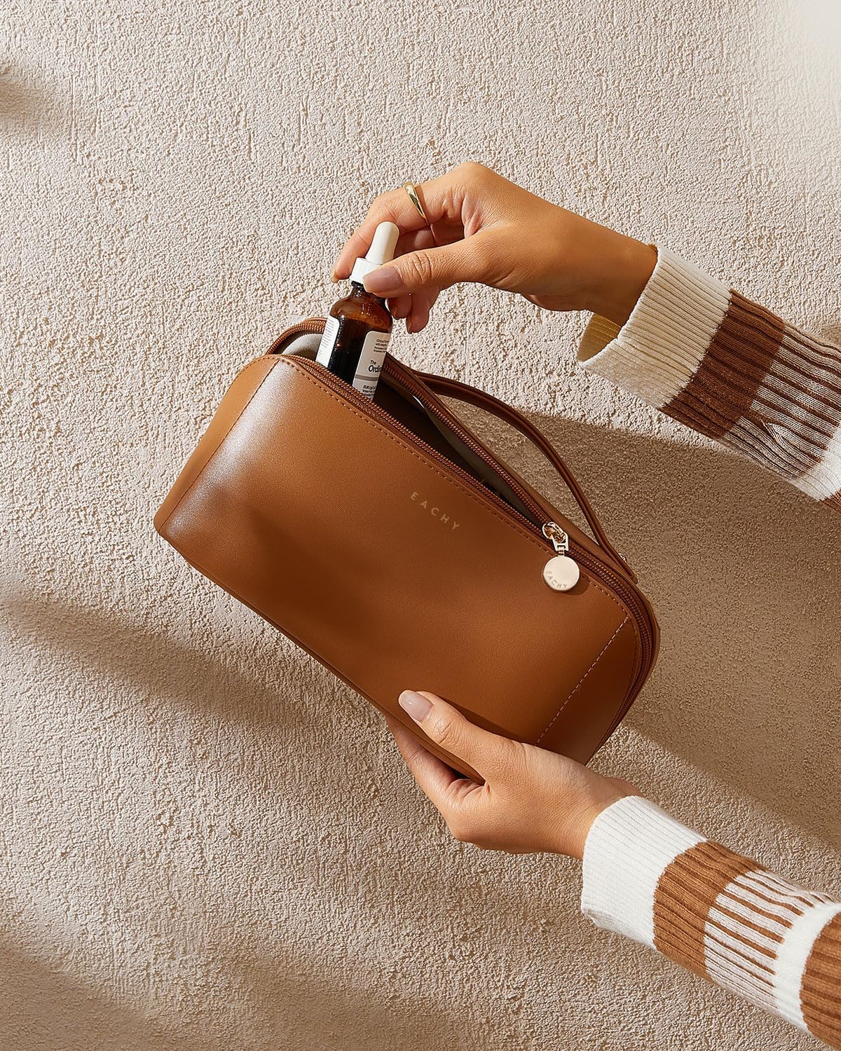 EACHY Large Capacity Travel Cosmetic Bags for Women, Waterproof Makeup Bag for Easy Access, Multifunctional Storage Toiletry Bag with Handle and Divider, Brown, Rustic - Image 9