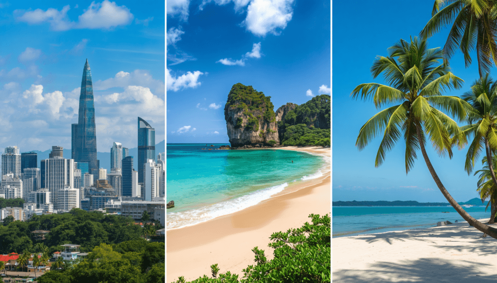 Three Panel Collage Image Showing Bangkok Skyline | Can You Fly Direct To Thailand From The Uk?